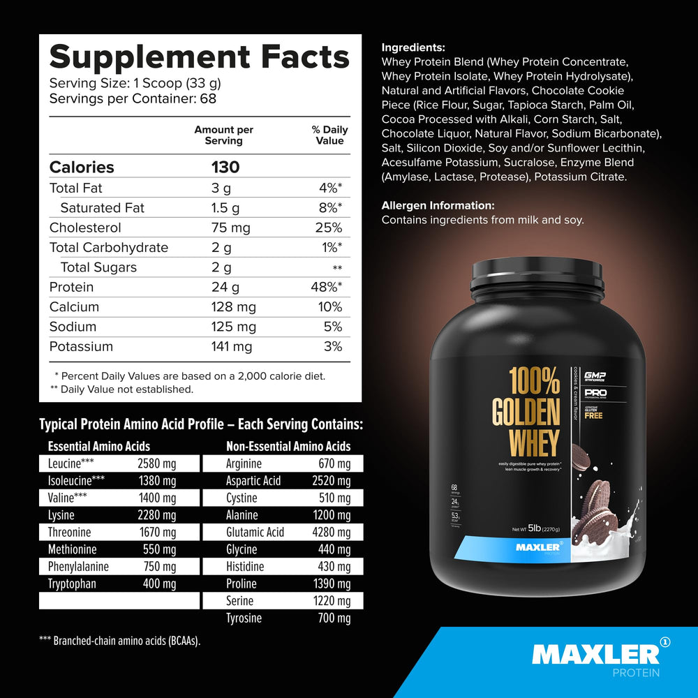 USA-made GMP label on Maxler 100% Golden Whey packaging for quality