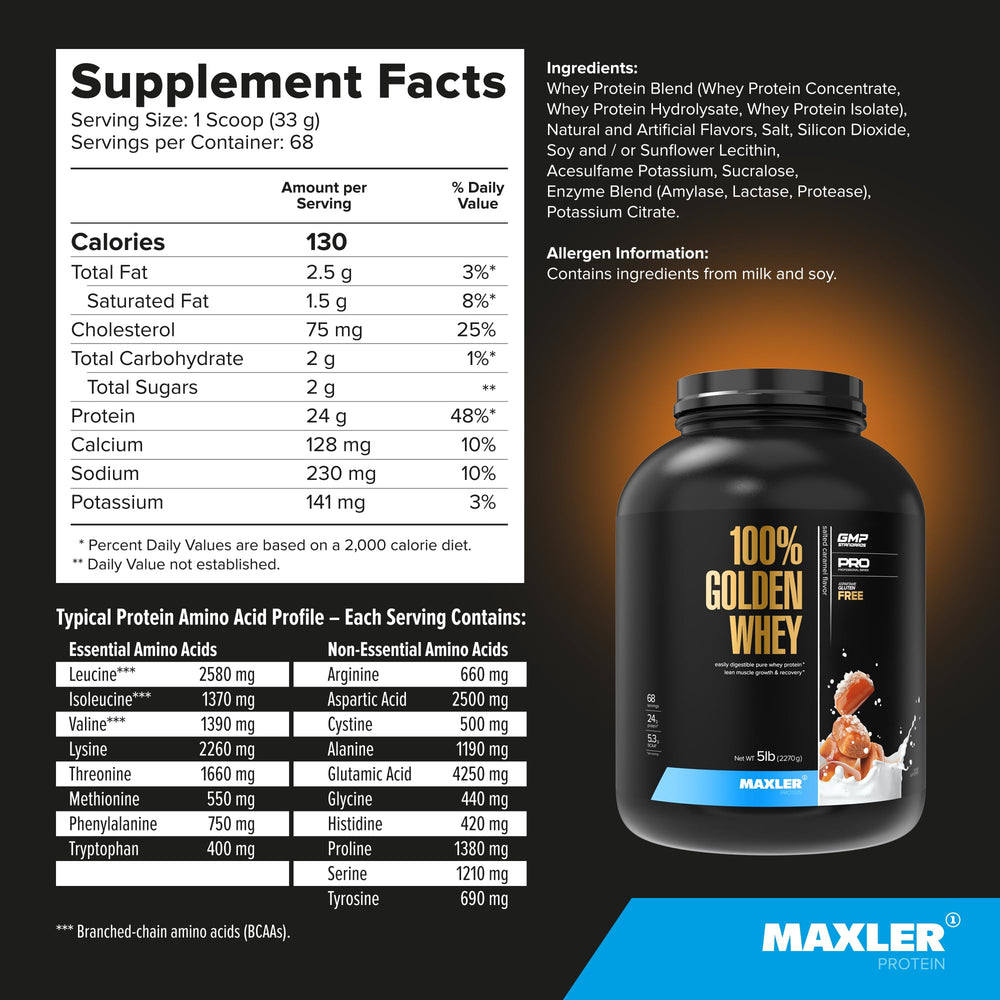 Maxler 100% Golden Whey enzyme blend close-up emphasizes digestive support.