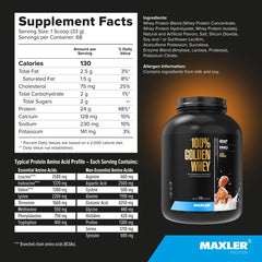Maxler 100% Golden Whey enzyme blend close-up emphasizes digestive support.