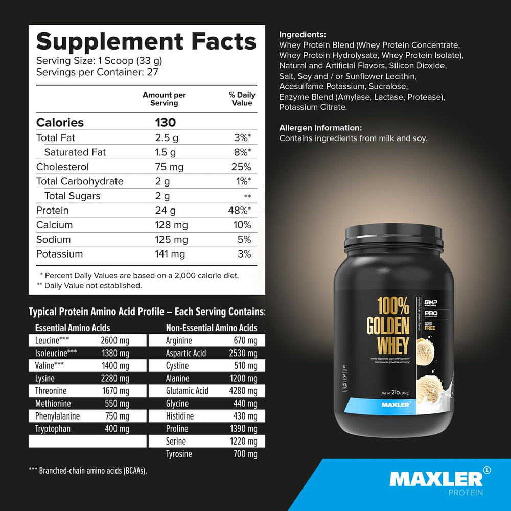 Made-in-USA label on Maxler Golden Whey tub