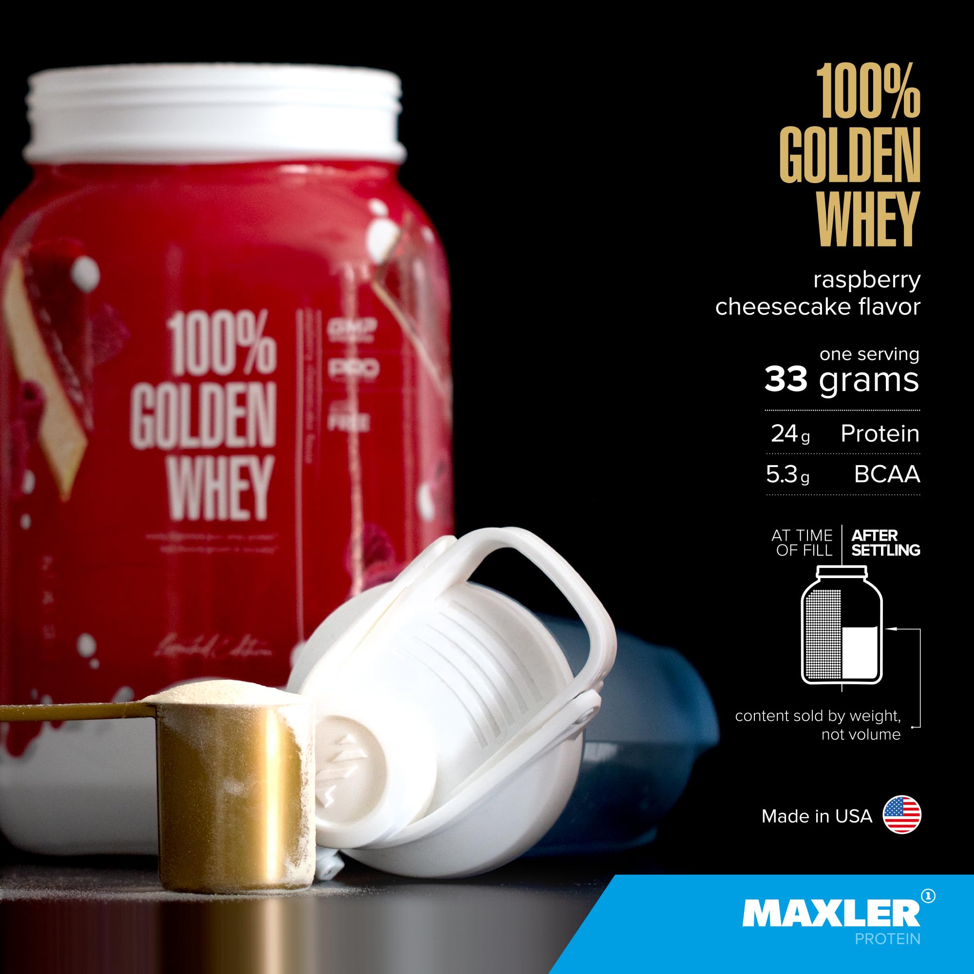 Maxler 100% Golden Whey being poured into a shaker for a smooth shake.