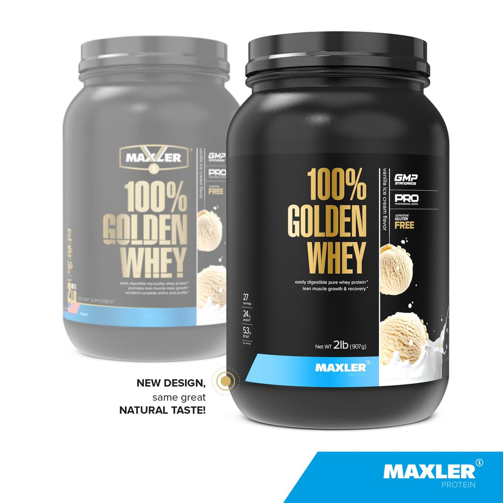 Scoop of Maxler Golden Whey measuring a serving for convenient protein intake