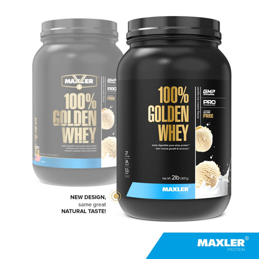 Scoop of Maxler Golden Whey measuring a serving for convenient protein intake