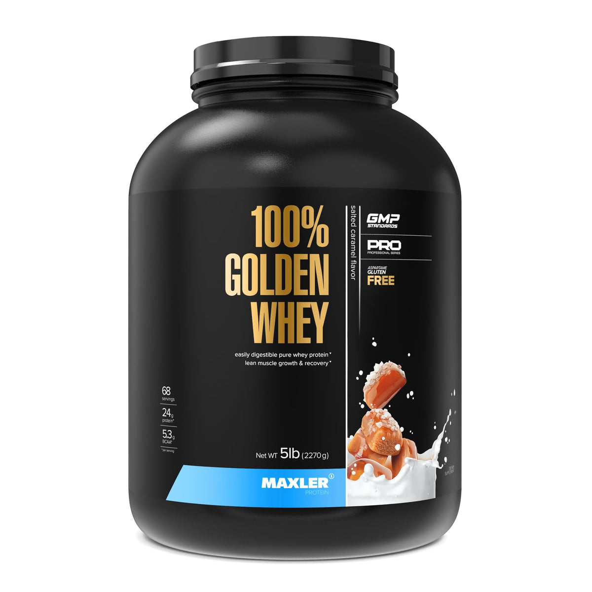 Maxler 100% Golden Whey tub front view shows high-protein blend for workouts.