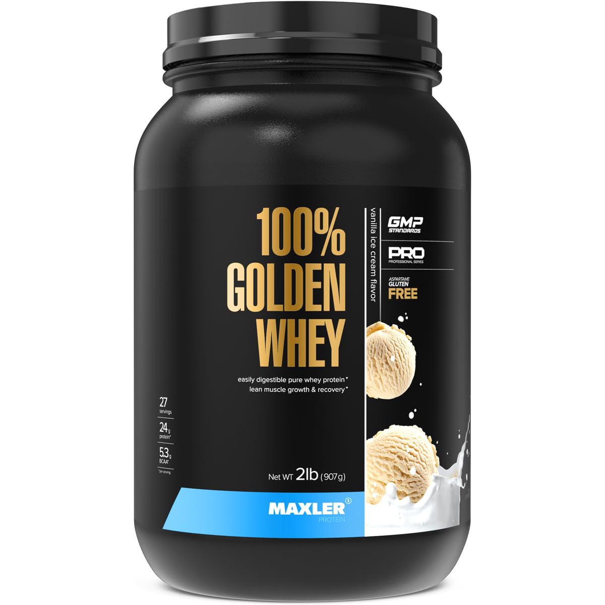Maxler 100% Golden Whey tub in vanilla ice cream flavor for muscle support