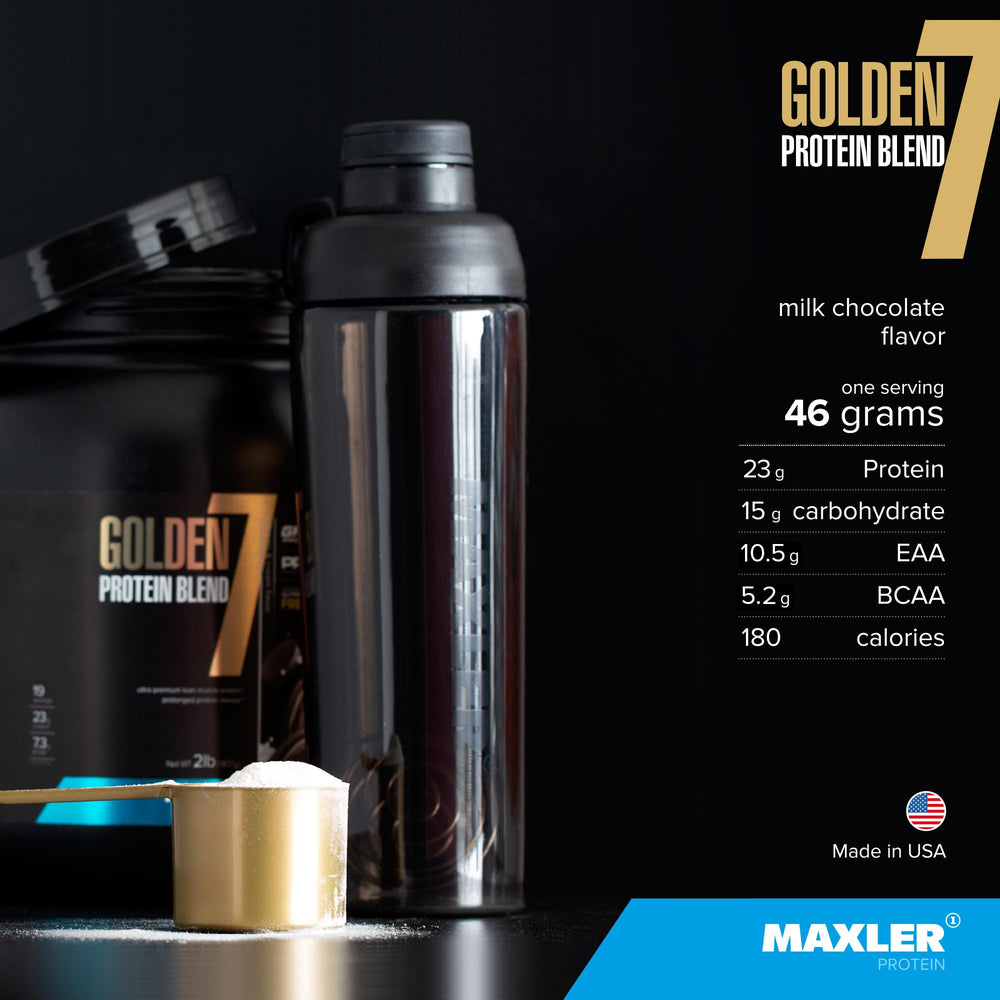 Maxler Golden 7 milk chocolate powder in jar with scoop.