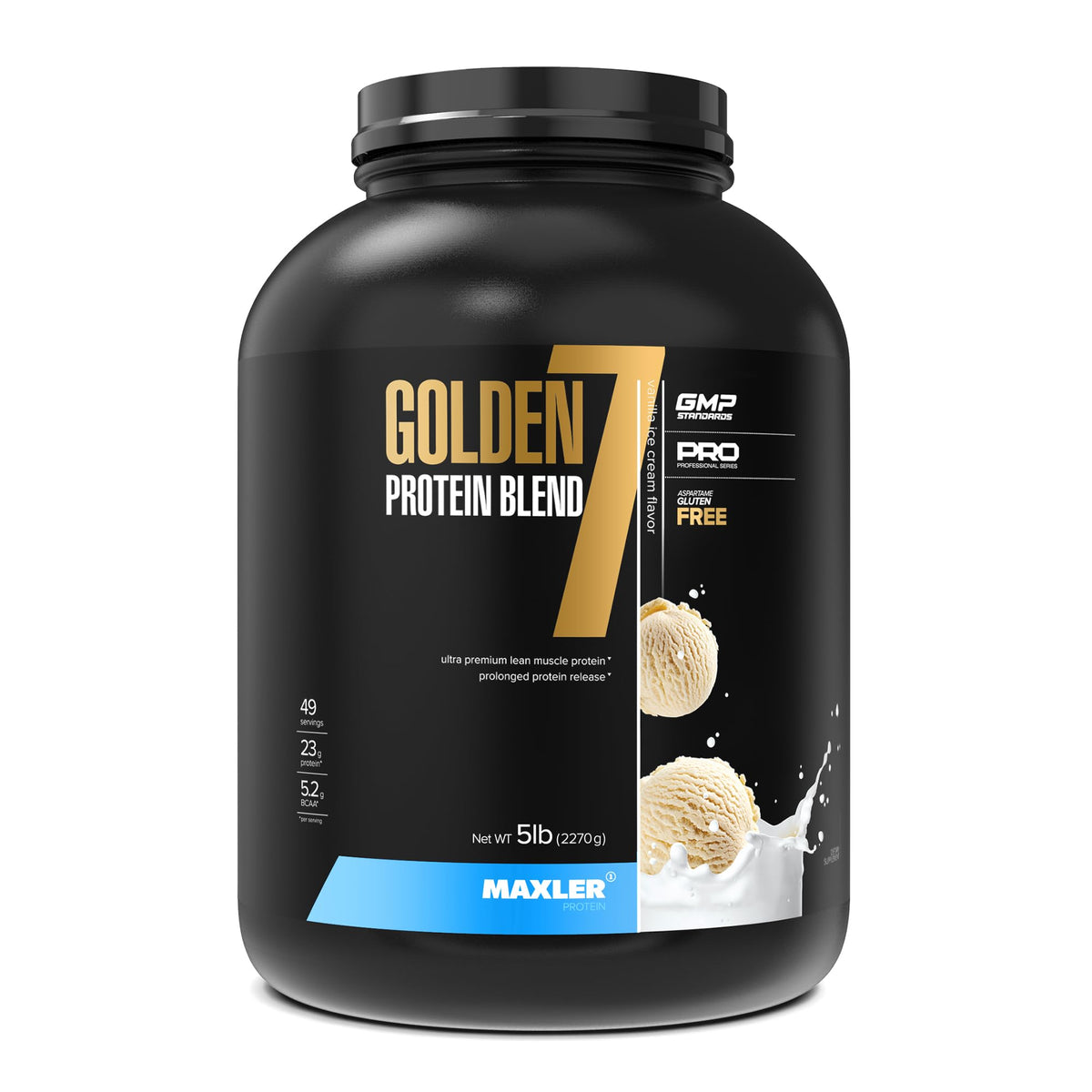 Maxler Golden 7 protein blend bottle highlights premium dairy mix for daily protein intake and recovery