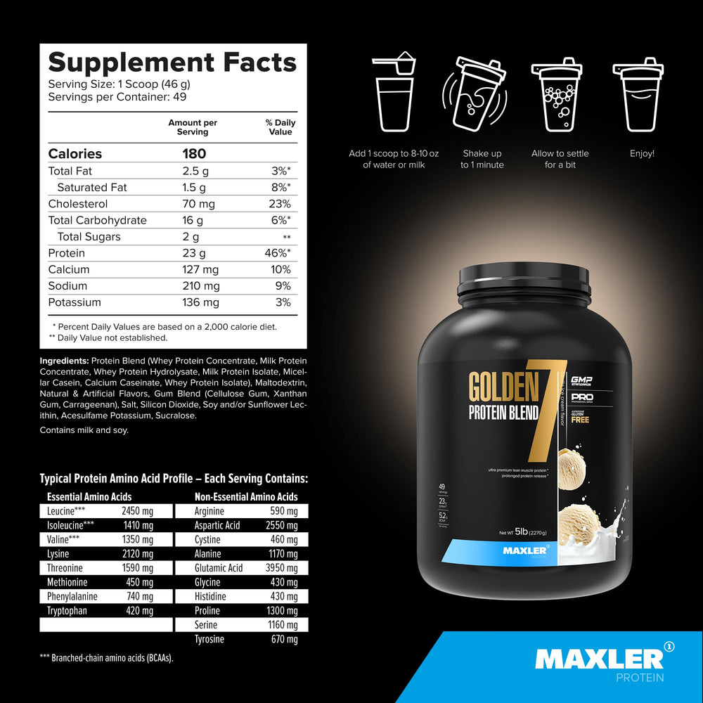 Maxler Golden 7 nutrition facts label emphasizes protein, calories, and amino acids
