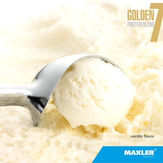Maxler Golden 7 scoop demonstrates convenient serving for a fast post-workout shake