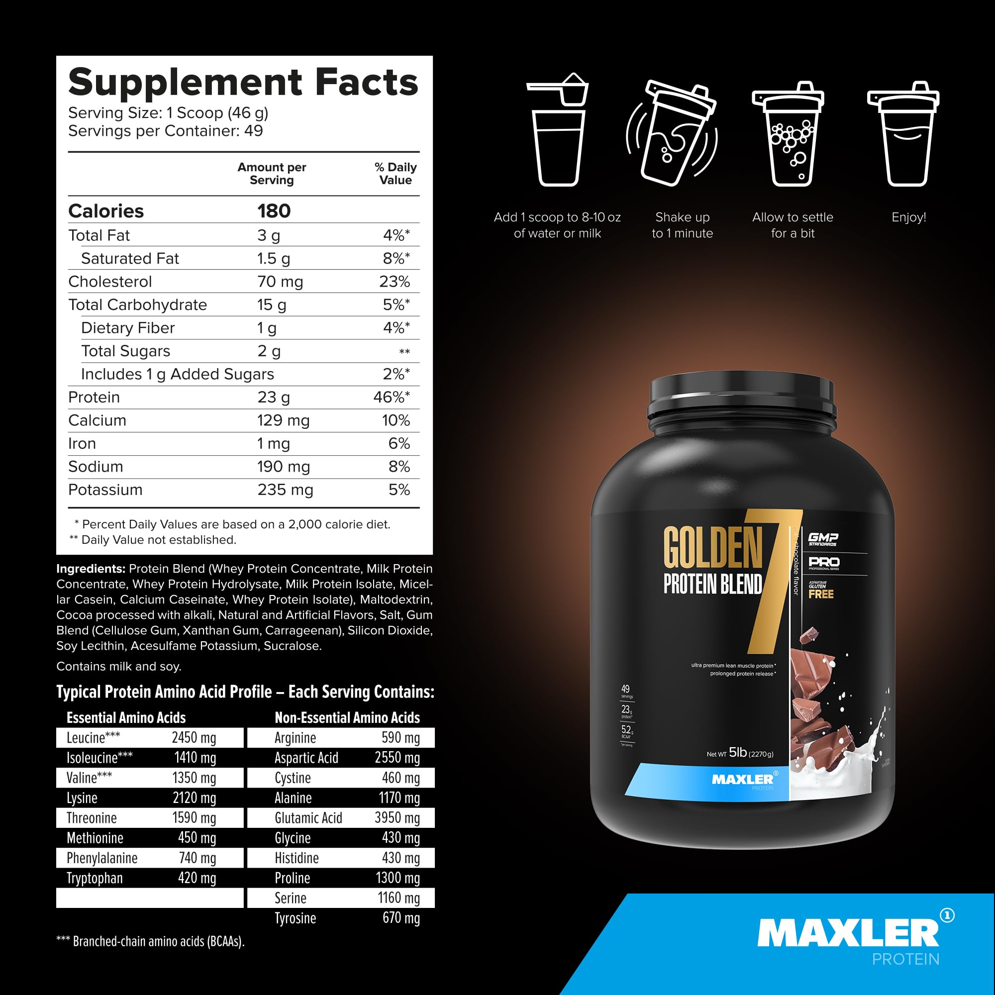 Maxler Golden 7 USA-made GMP label on product bottle.