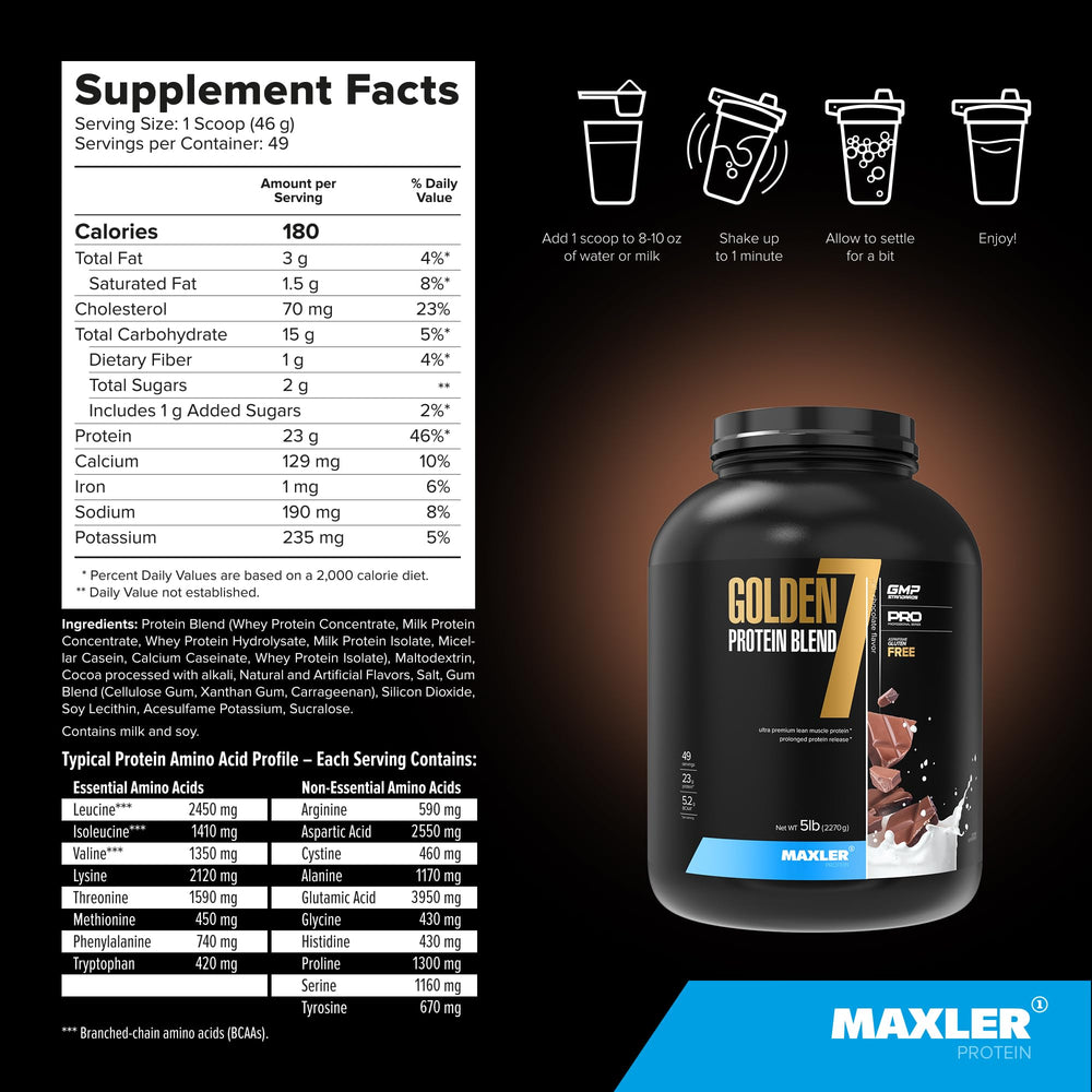 Maxler Golden 7 USA-made GMP label on product bottle.