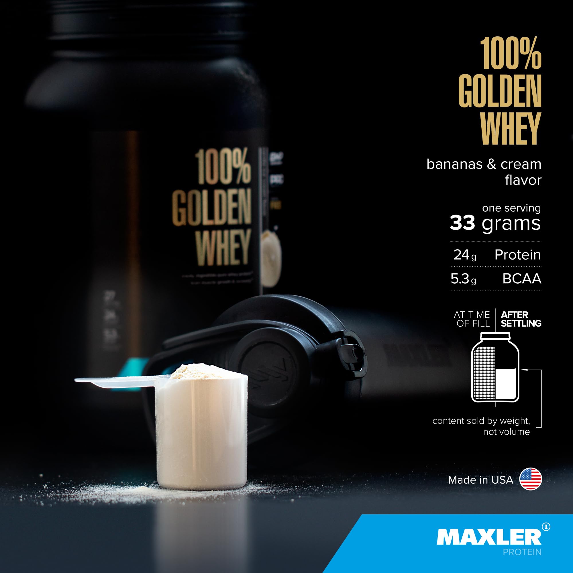 Maxler Golden Whey Banana Cream nutrition label highlights protein and BCAA-rich formula.