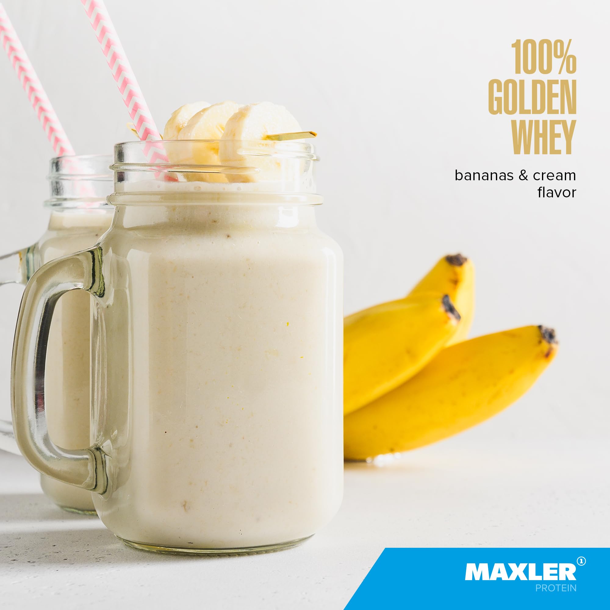 Maxler Golden Whey Banana Cream scoop emphasizes convenient serving for quick protein boosts.