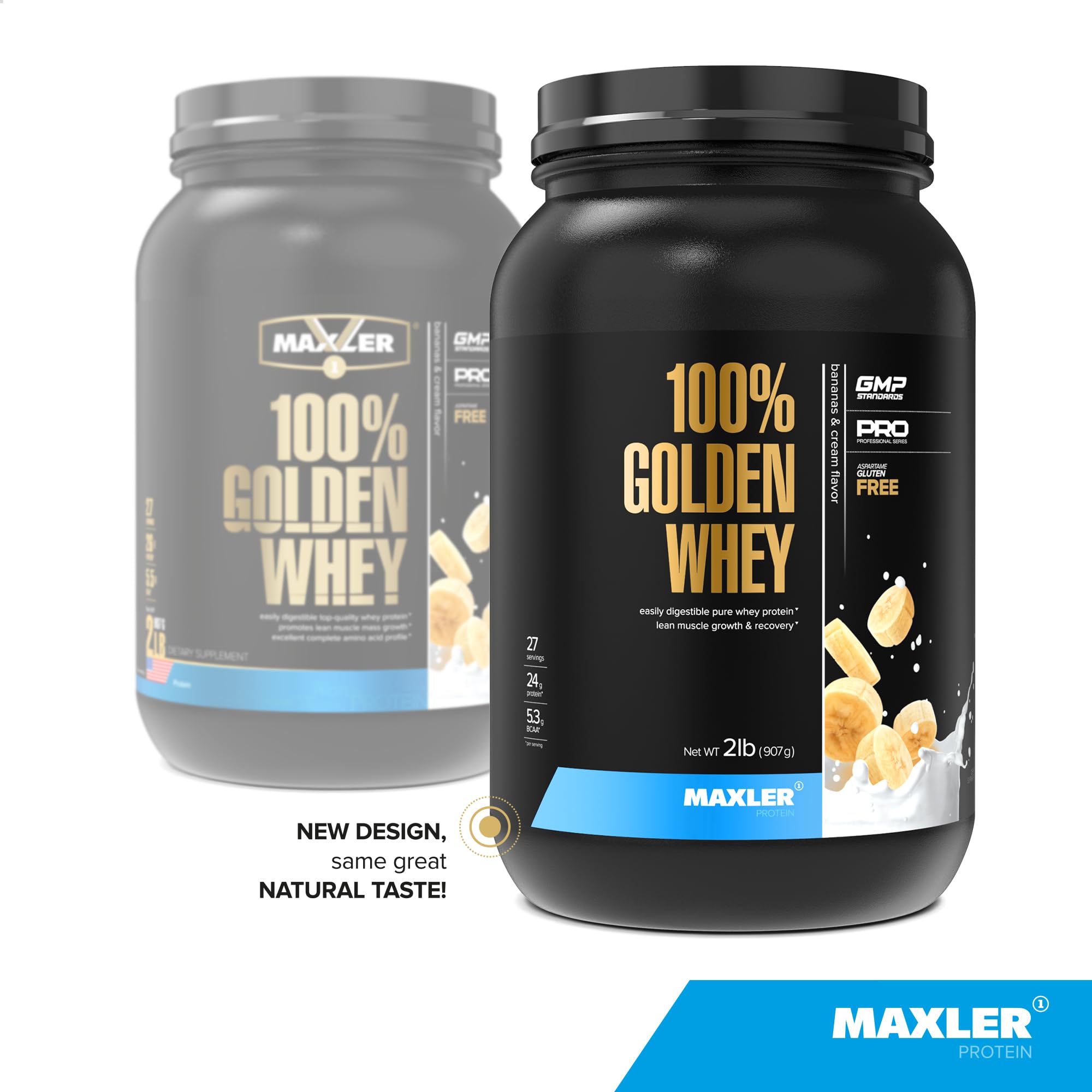 Maxler Golden Whey Banana Cream shake shows smooth texture ideal for post-workout refreshment.