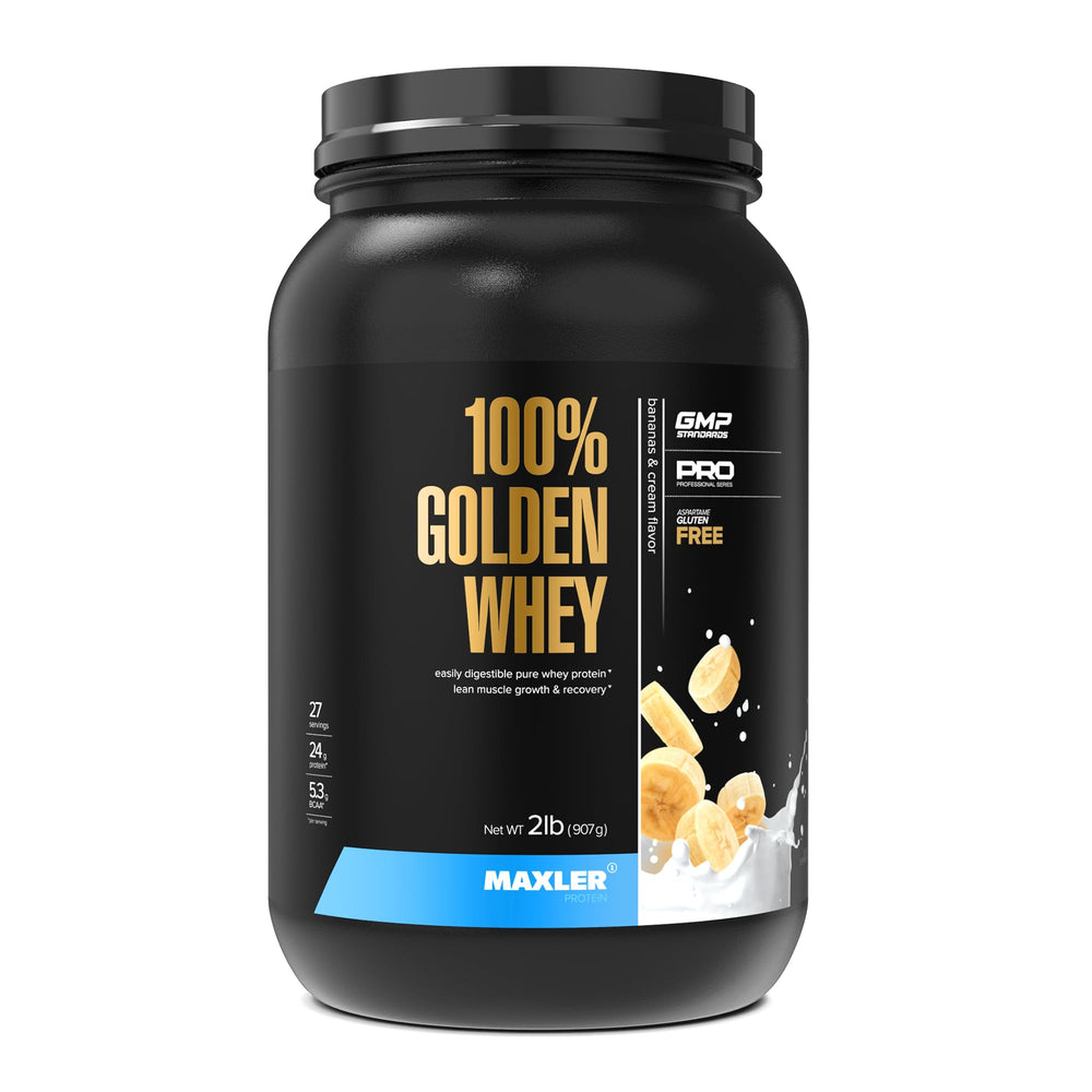 Maxler 100% Golden Whey Banana Cream tub highlights high-protein blend for daily fitness routines.