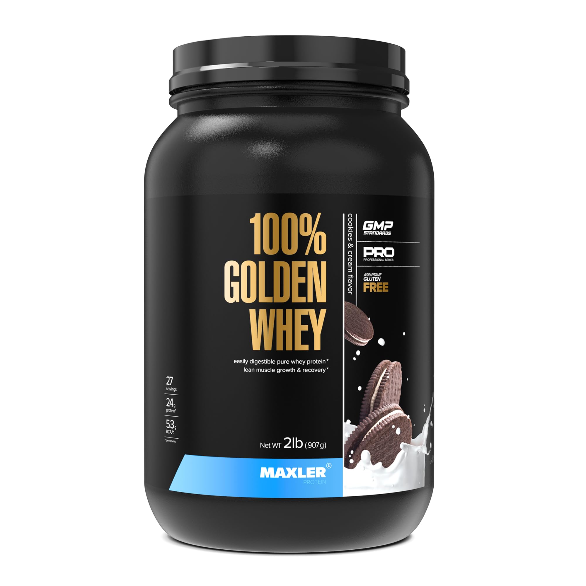 Maxler Golden Whey bottle front view for daily workout protein