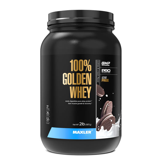 Maxler Golden Whey bottle front view for daily workout protein