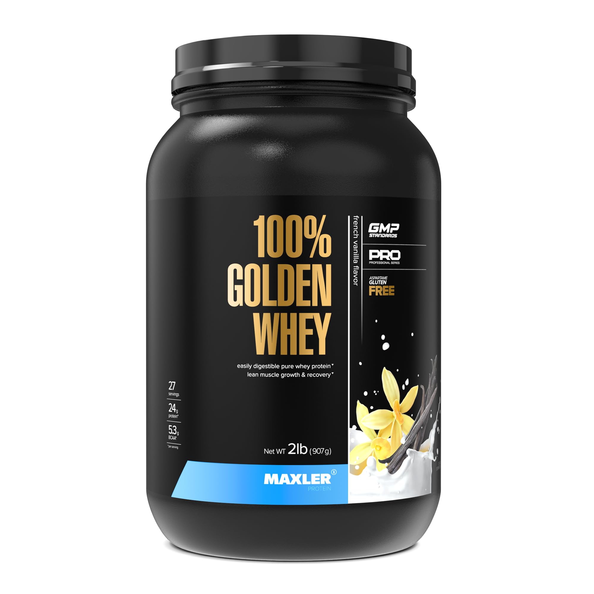 Maxler Golden Whey bottle pouring a quick post-workout protein boost
