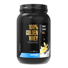 Maxler Golden Whey bottle pouring a quick post-workout protein boost