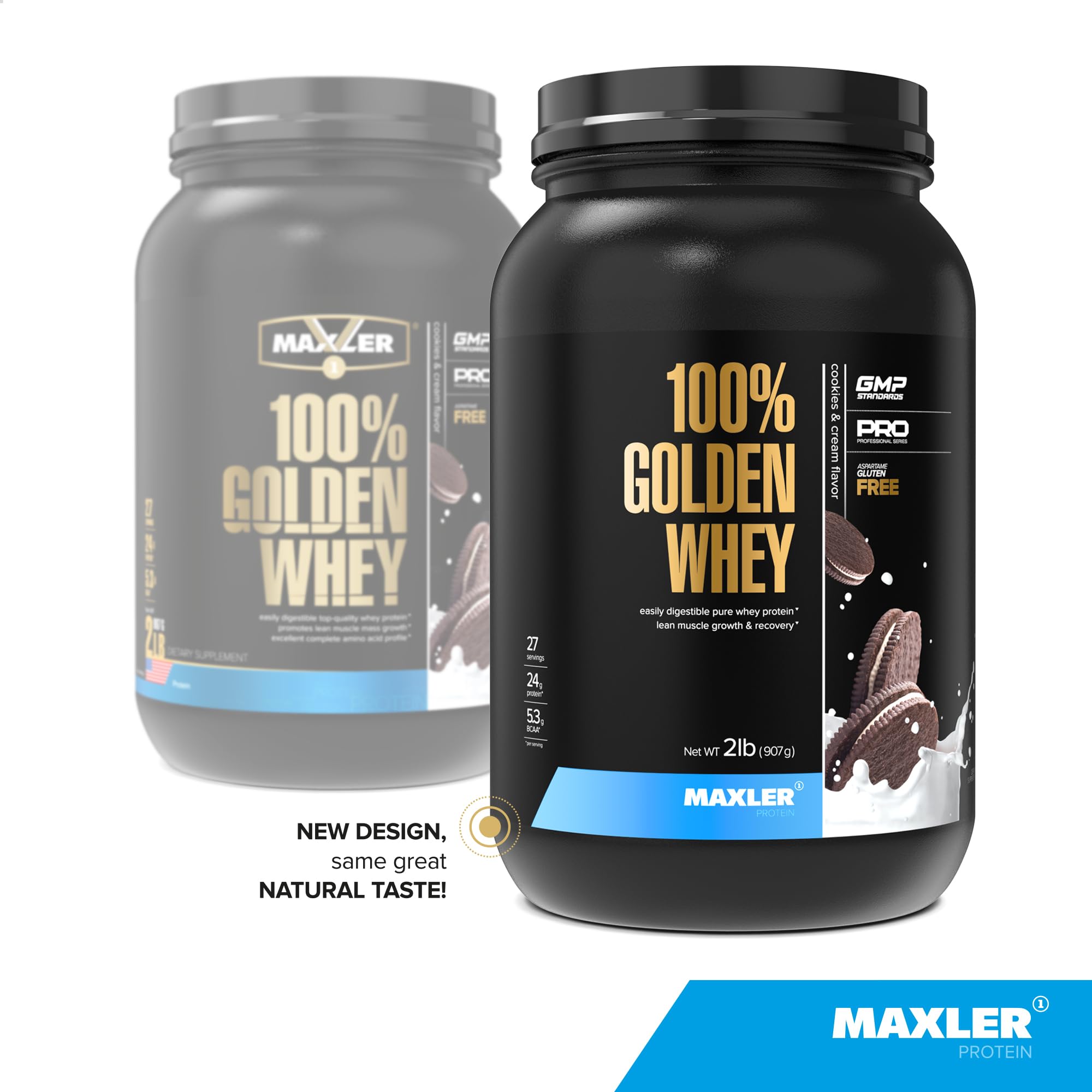 Maxler Golden Whey scoop beside tub showing convenient serving
