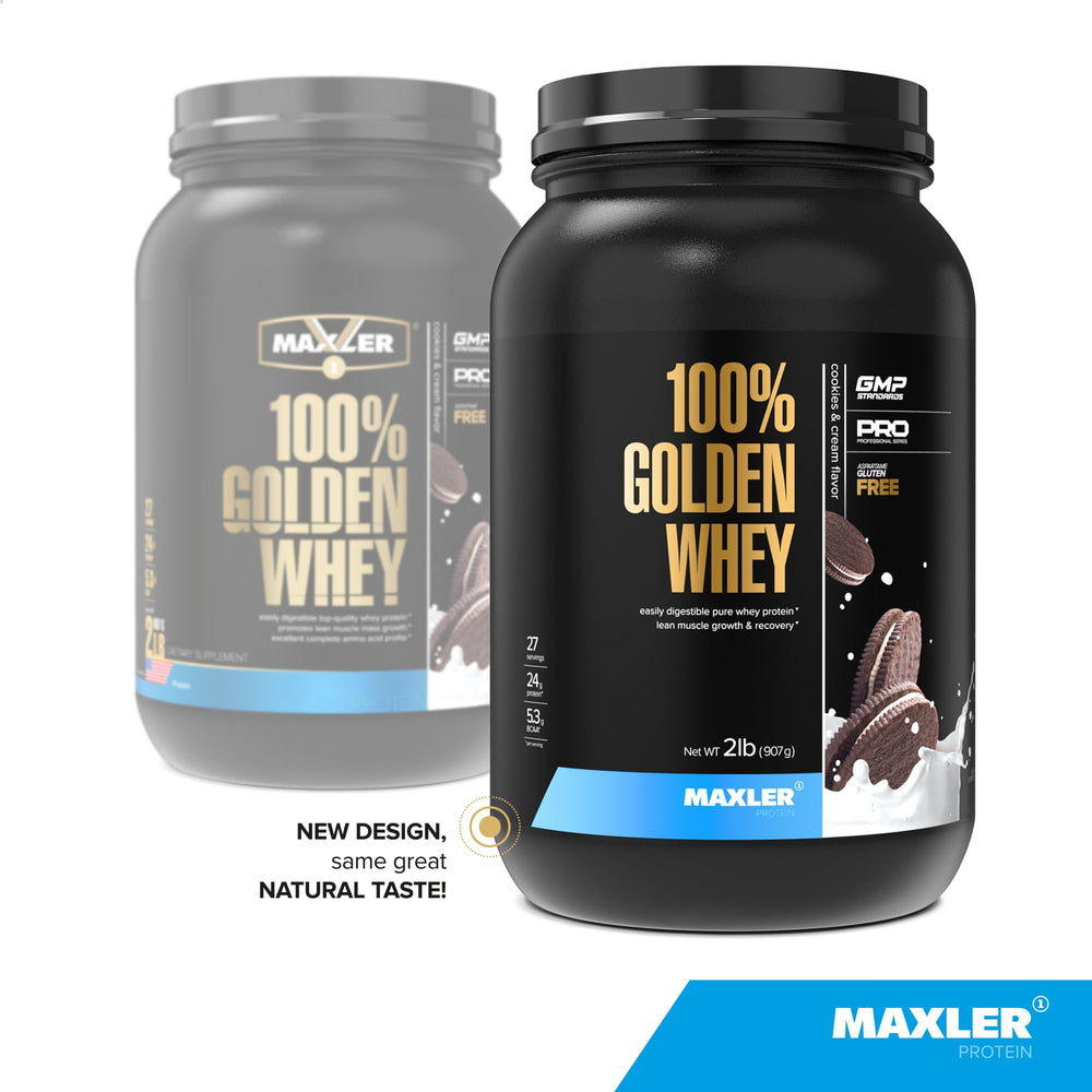 Maxler Golden Whey scoop beside tub showing convenient serving