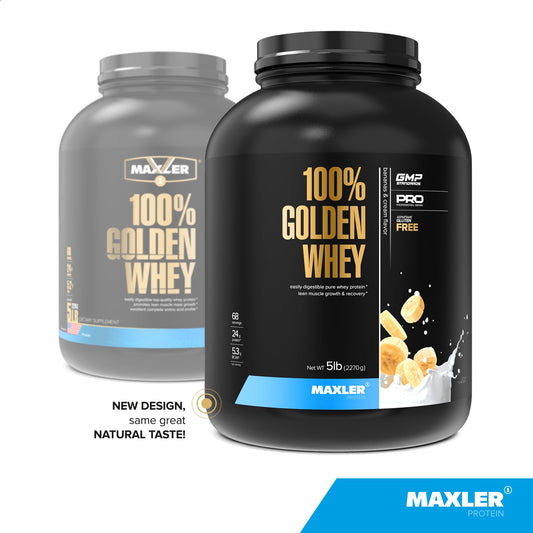 Maxler Golden Whey shake in glass showing creamy banana cream texture