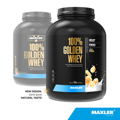 Maxler Golden Whey shake in glass showing creamy banana cream texture