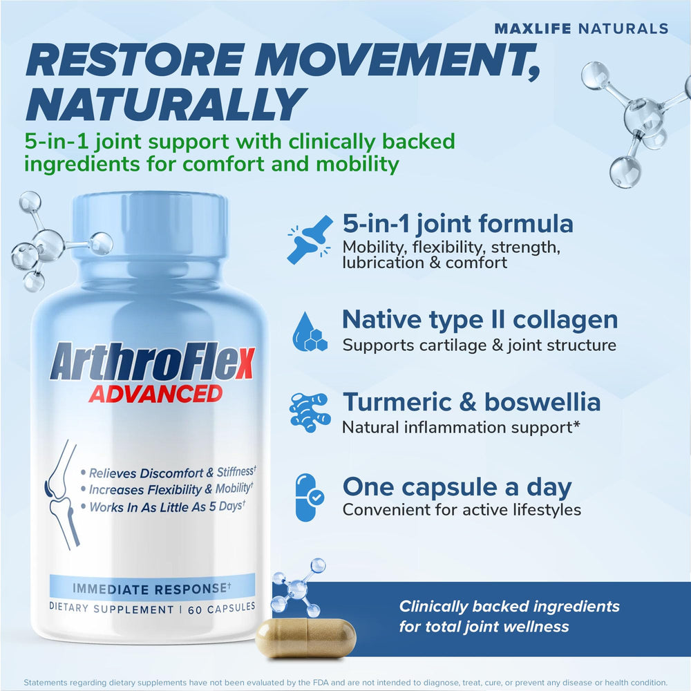 MAXLIFE NATURALS ArthroFlex Advanced bottle label closeup highlights key ingredients for joint health.