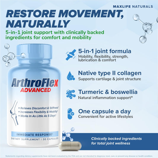 MAXLIFE NATURALS ArthroFlex capsules offer convenient one-a-day joint support.
