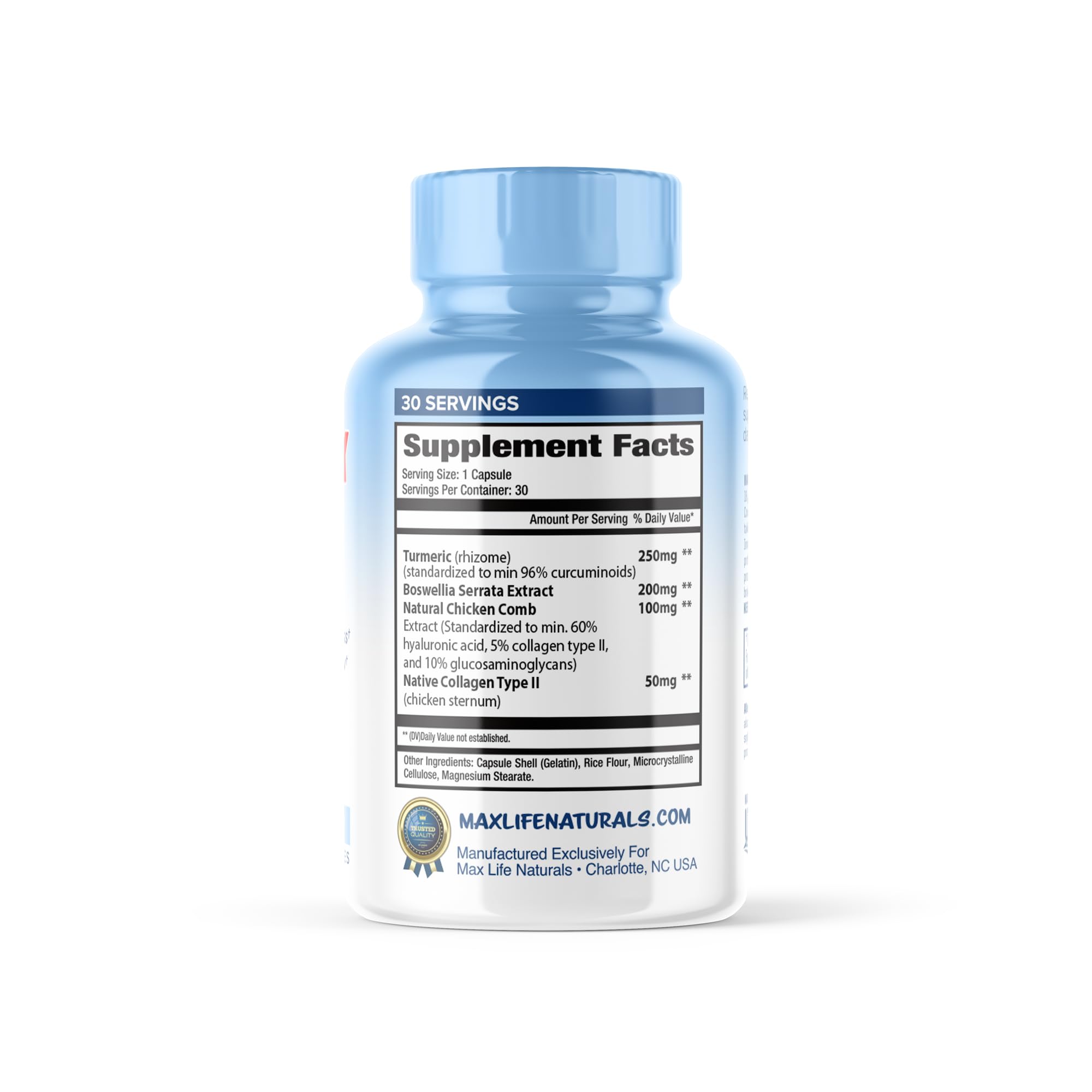 MAXLIFE NATURALS ArthroFlex ingredients close-up emphasizes bioavailable collagen and boswellia.