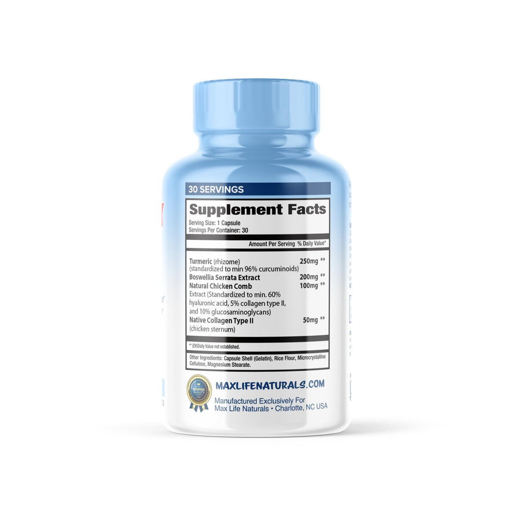 MAXLIFE NATURALS ArthroFlex ingredients close-up emphasizes bioavailable collagen and boswellia.