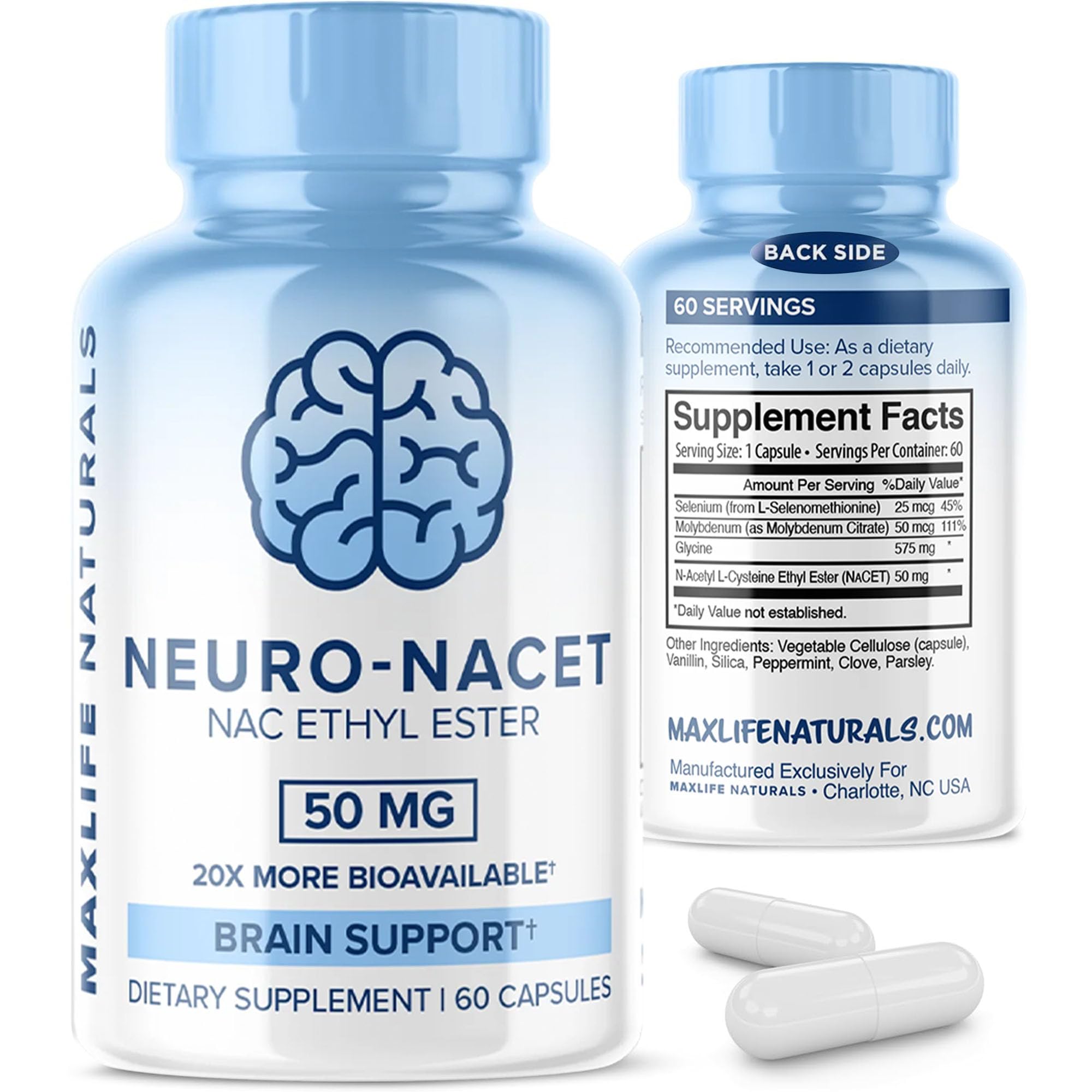 MAXLIFE NATURALS Neuro NACET bottle poured, suggesting daily brain and immune support potential.