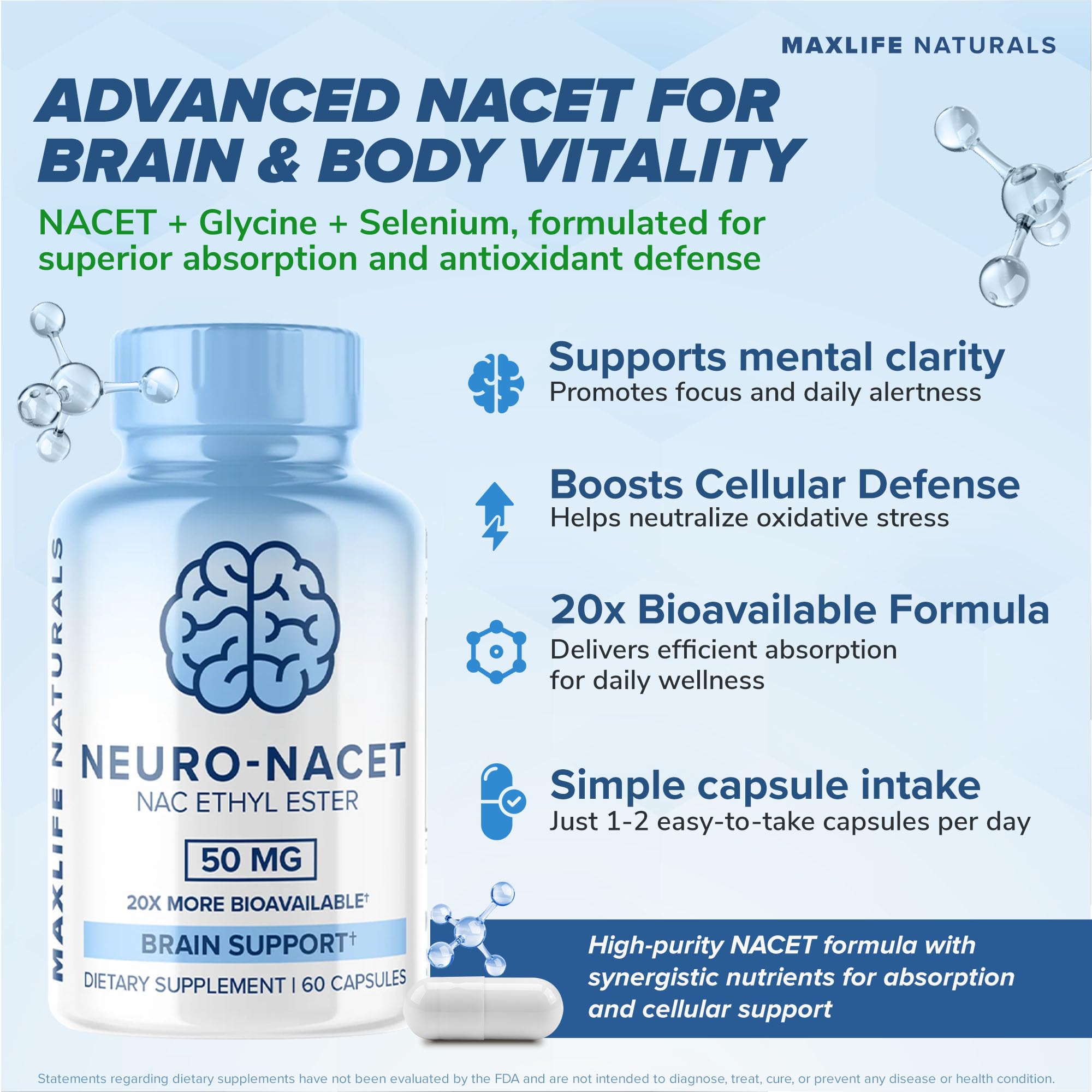 MAXLIFE NATURALS Neuro NACET capsules closeup highlighting easy-to-take supplement.