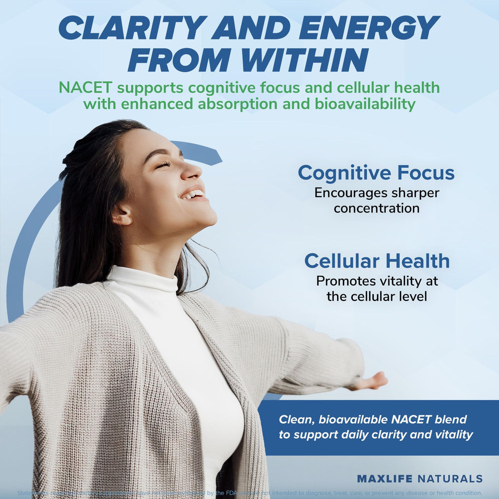 MAXLIFE NATURALS Neuro NACET ingredients label visible for transparency and quality.