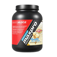 Max Muscle Maxpro Elite packaging shows vanilla flavor and 4 lb tub for daily protein support.