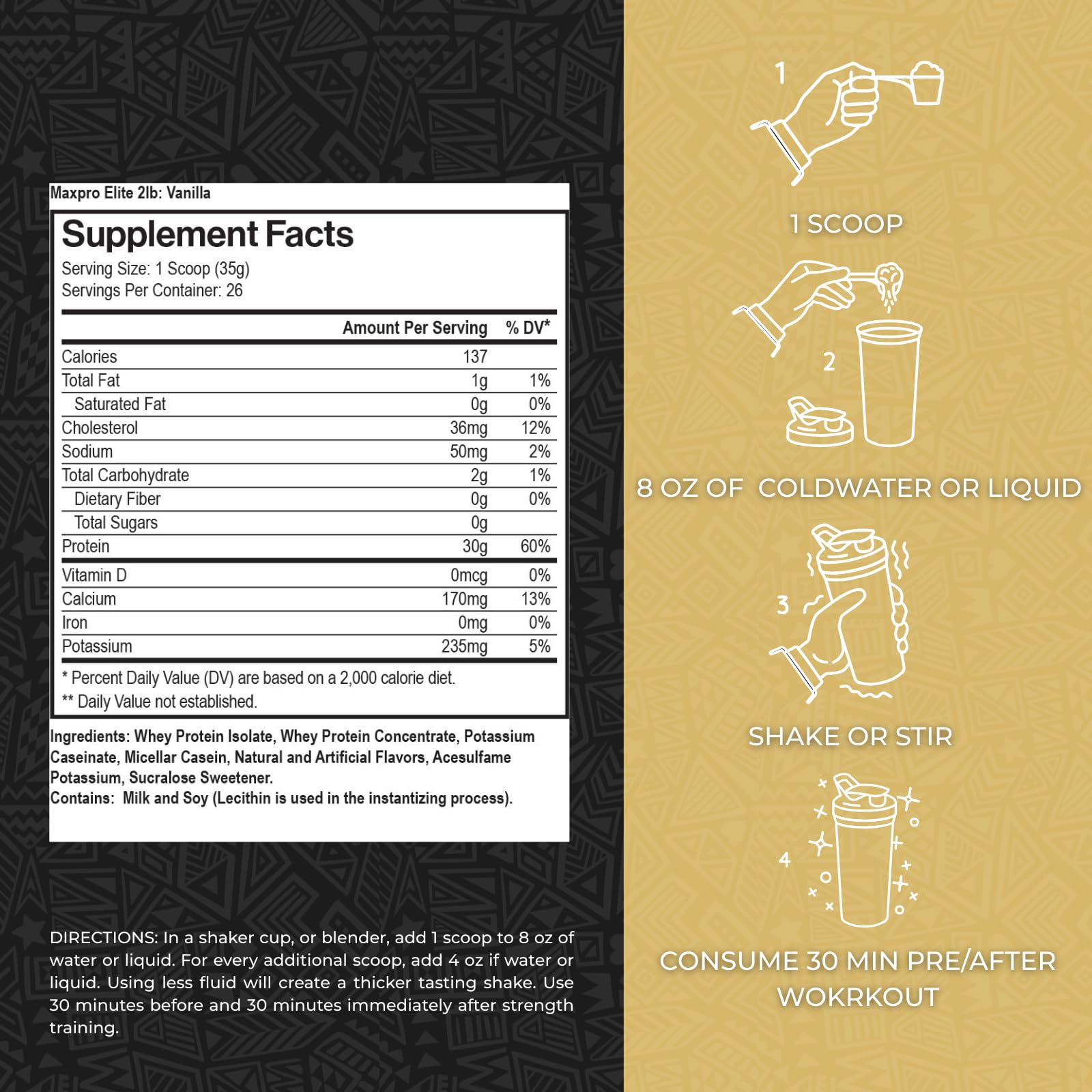 Max Muscle Maxpro Elite scoop close-up with 30 g serving for precise tracking.