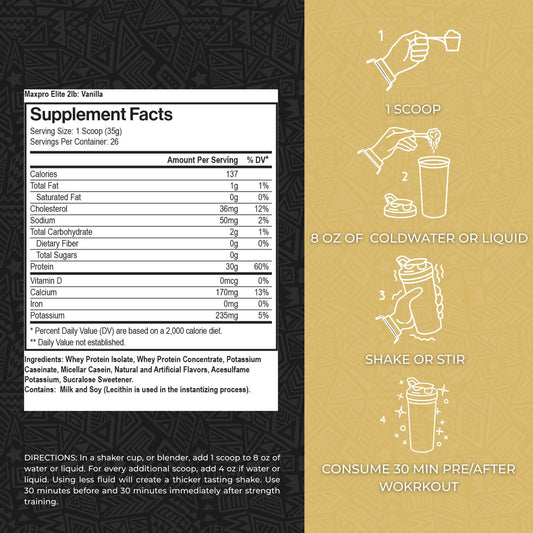 Max Muscle Maxpro Elite scoop close-up with 30 g serving for precise tracking.