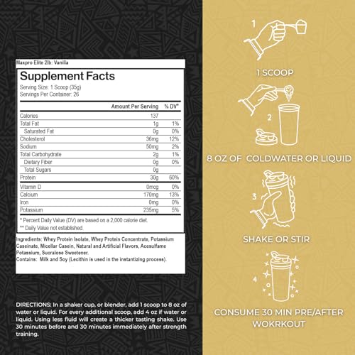 Max Muscle MaxPro Elite nutrition facts close-up for tracking protein intake
