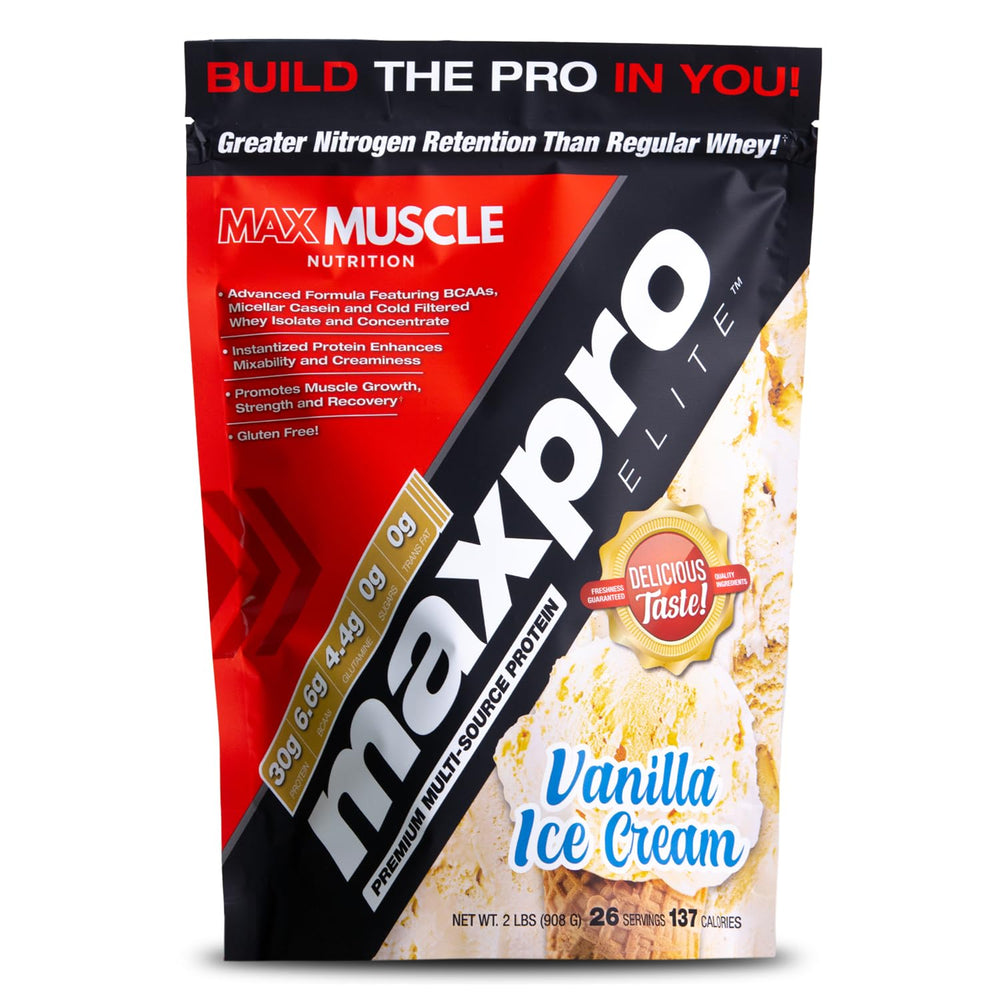 Max Muscle MaxPro Elite Vanilla front label highlights flavor and protein content