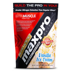 Max Muscle MaxPro Elite Vanilla front label highlights flavor and protein content