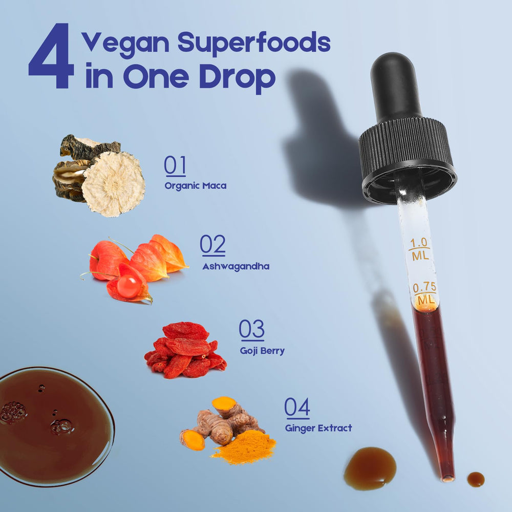 MaxuraFit Maca and Ashwagandha liquid drops promote energy and focus