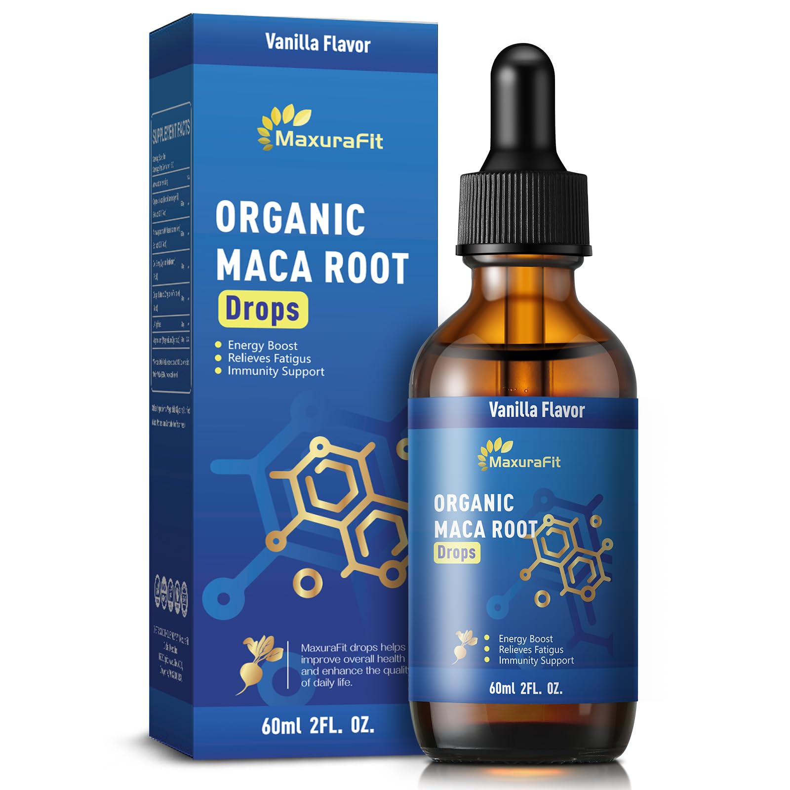 MaxuraFit Maca Root Ashwagandha Liquid Drops bottle ready for daily energy support
