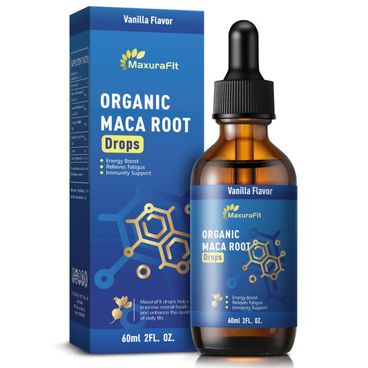 MaxuraFit Maca Root Ashwagandha Liquid Drops bottle ready for daily energy support