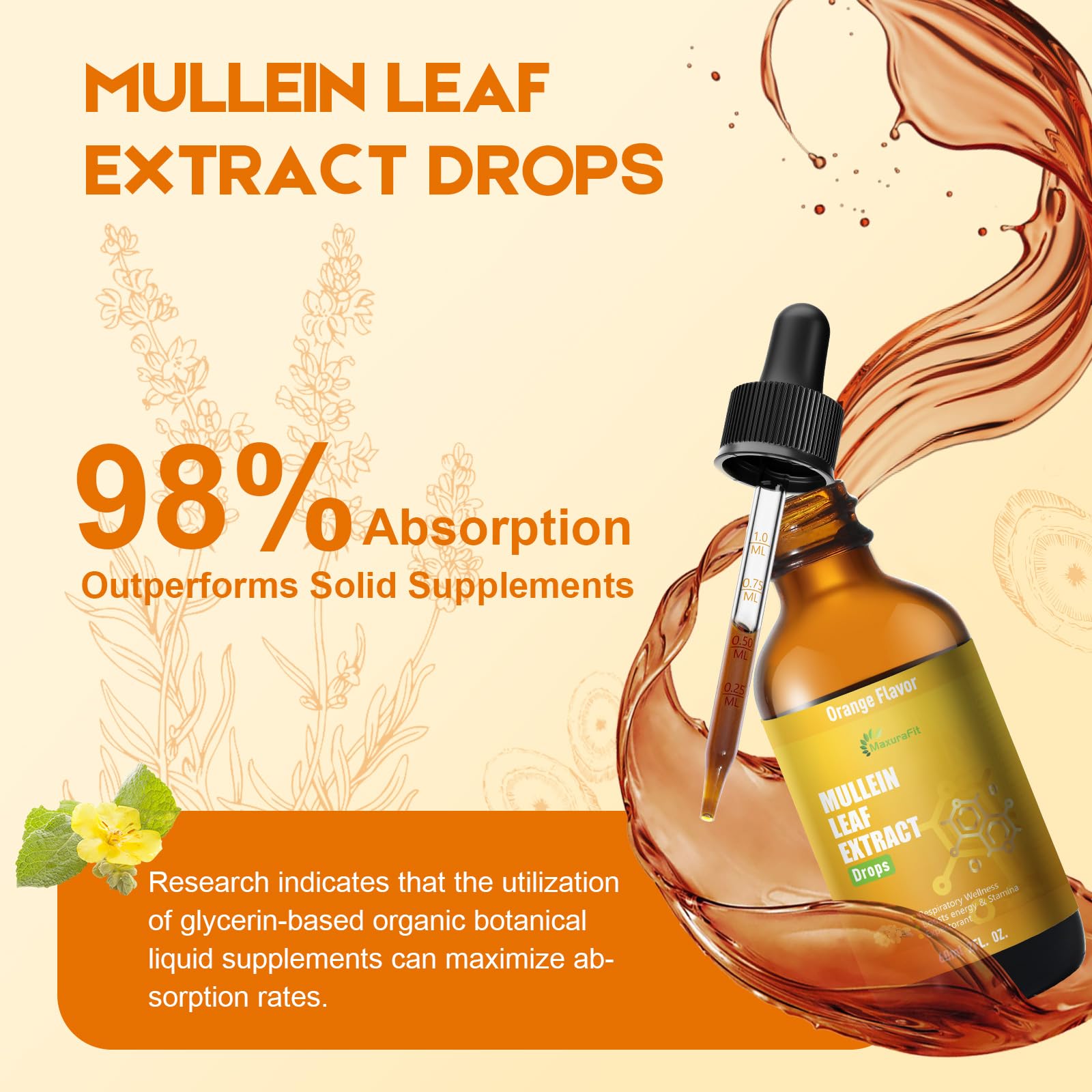 MaxuraFit Mullein Drops label highlights alcohol-free and allergen-free profile