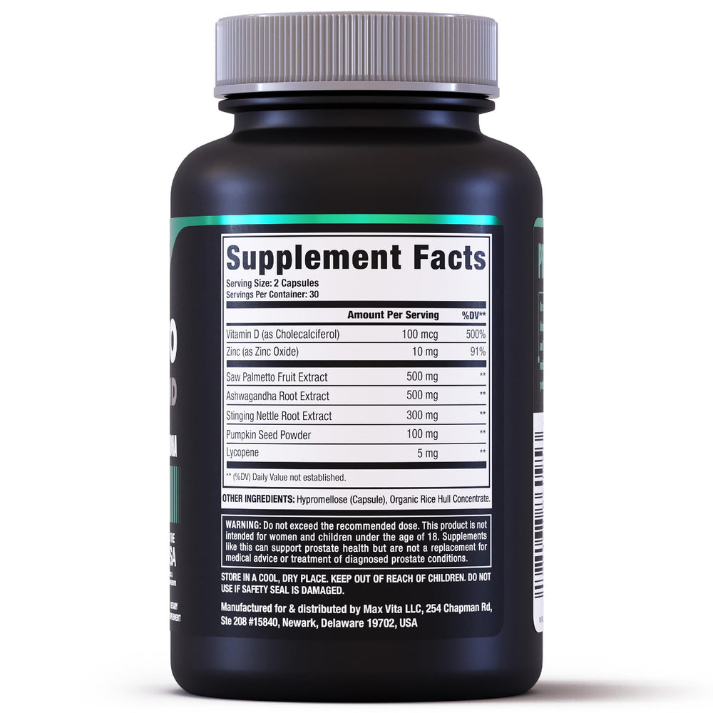 MaxVita Prostate Premium close-up shows 60-count bottle for premium quality.