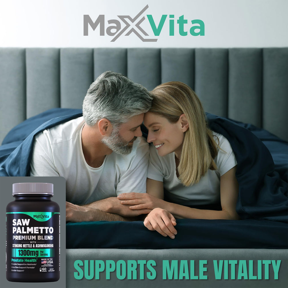MaxVita Prostate Premium capsule line shows pumpkin seed powder for daily support.