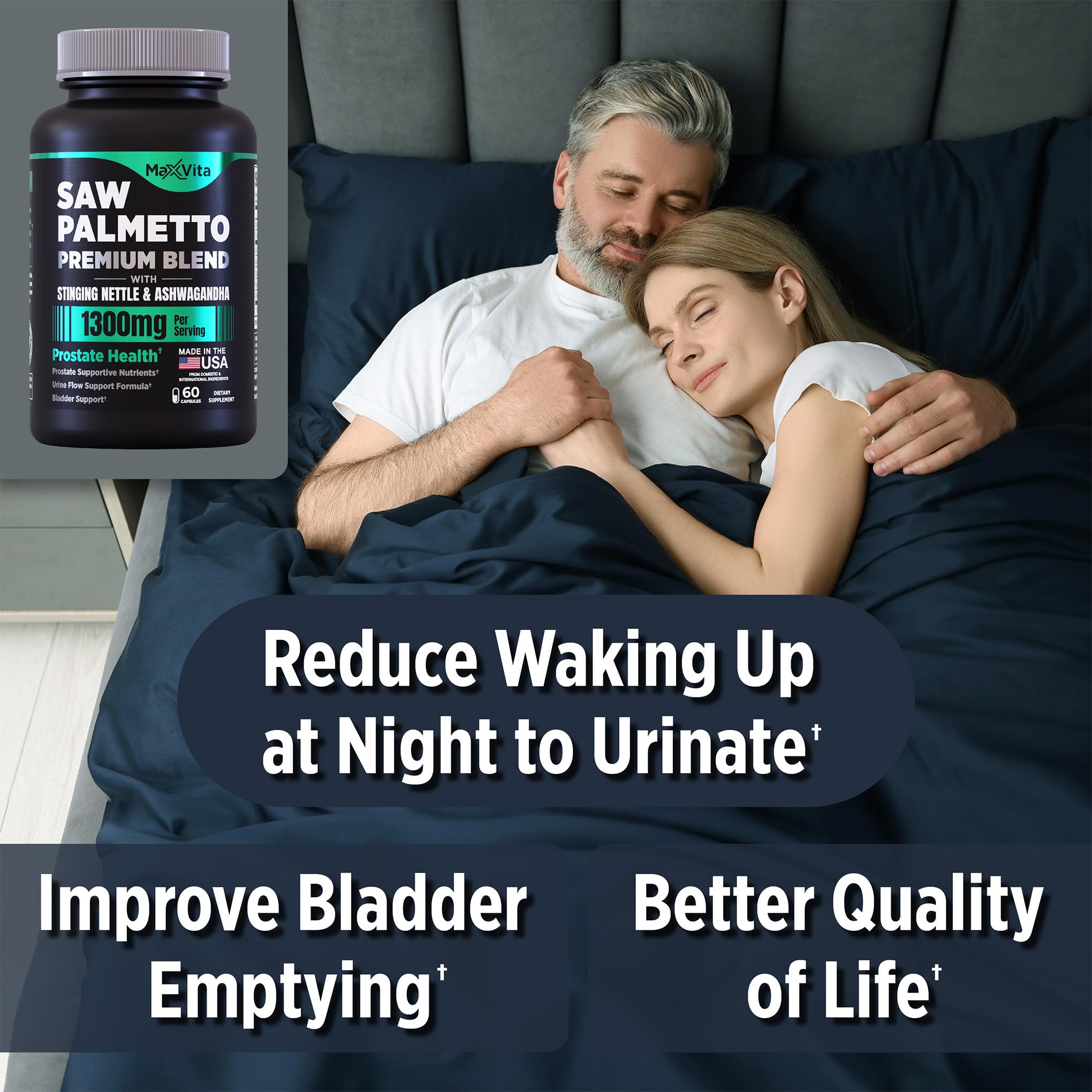 MaxVita Prostate Premium bottle highlighting stinging nettle for bladder comfort.