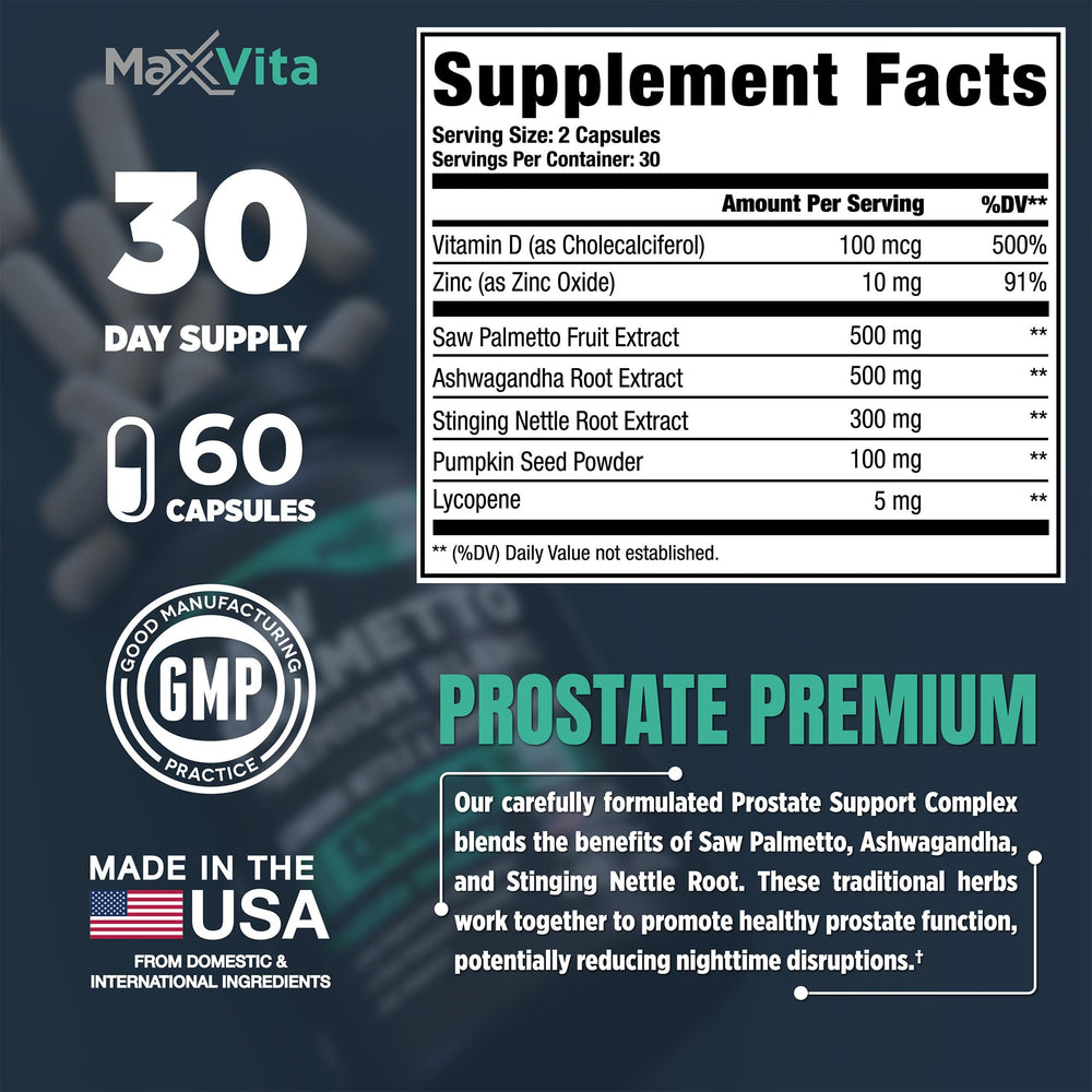 MaxVita Prostate Premium bottle label features vitamin D and zinc for wellness.