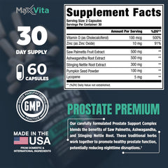 MaxVita Prostate Premium bottle label features vitamin D and zinc for wellness.