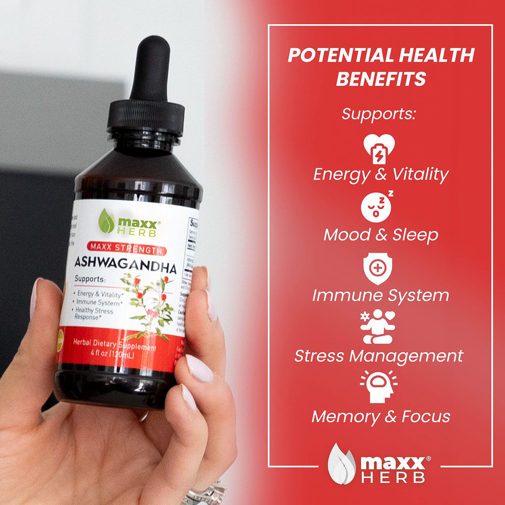 Dropper pouring Ashwagandha liquid showing quick absorption benefits